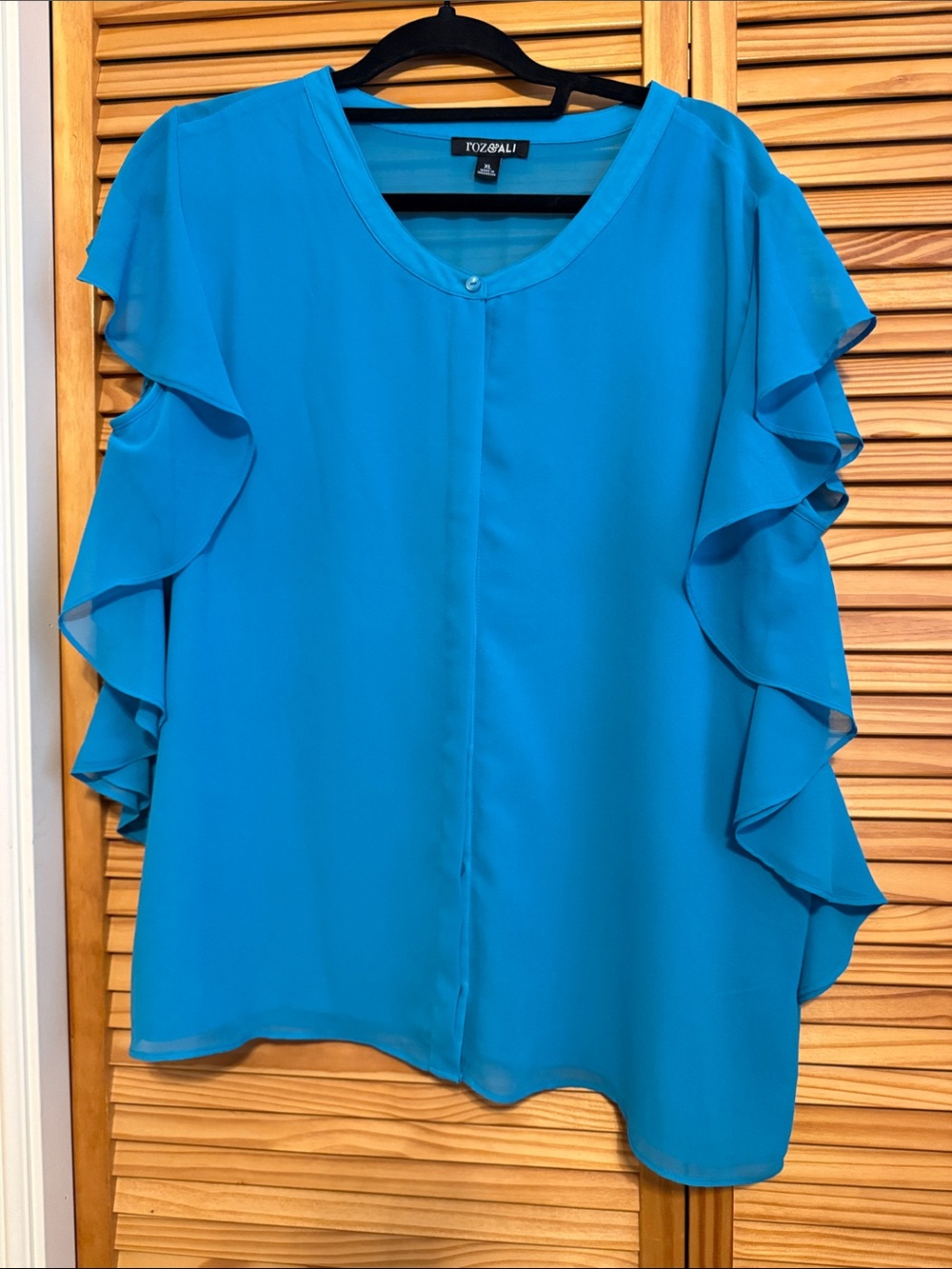 Roz & Ali Bright Teal Ruffle-Sleeve Blouse